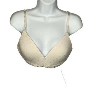 Victorias Secret 36C T Shirt Bra Lightly Lined Wireless Ivory Dot Cotton